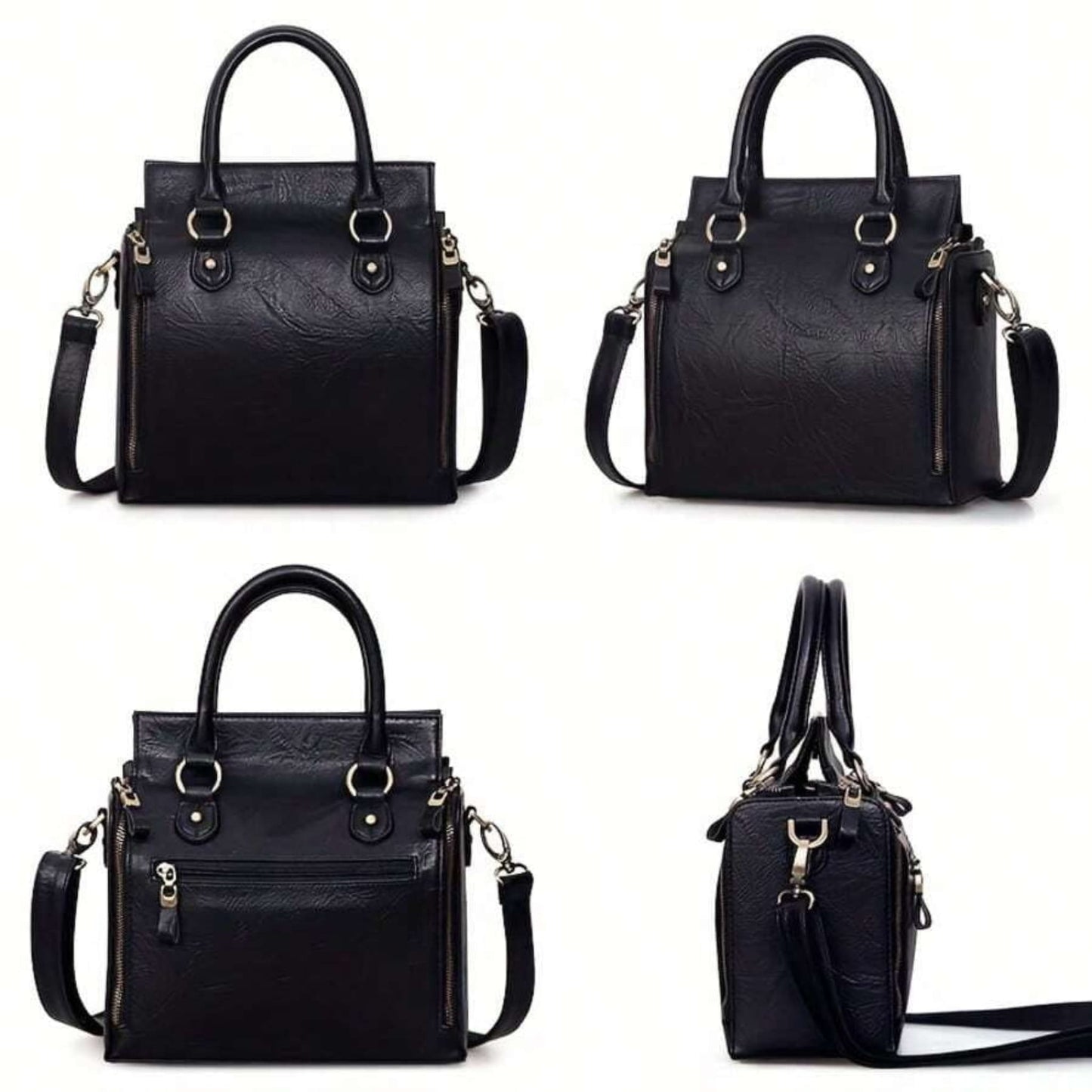 Ladies glossy vintage tote bag showing back view, side zipper pocket, front zipper pocket and detachable strap — four views in one frame on white background | Avenue