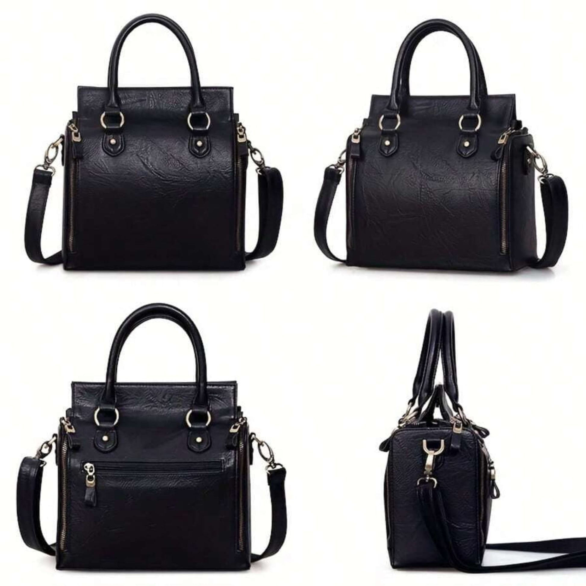 Ladies glossy vintage tote bag showing back view, side zipper pocket, front zipper pocket and detachable strap — four views in one frame on white background | Avenue