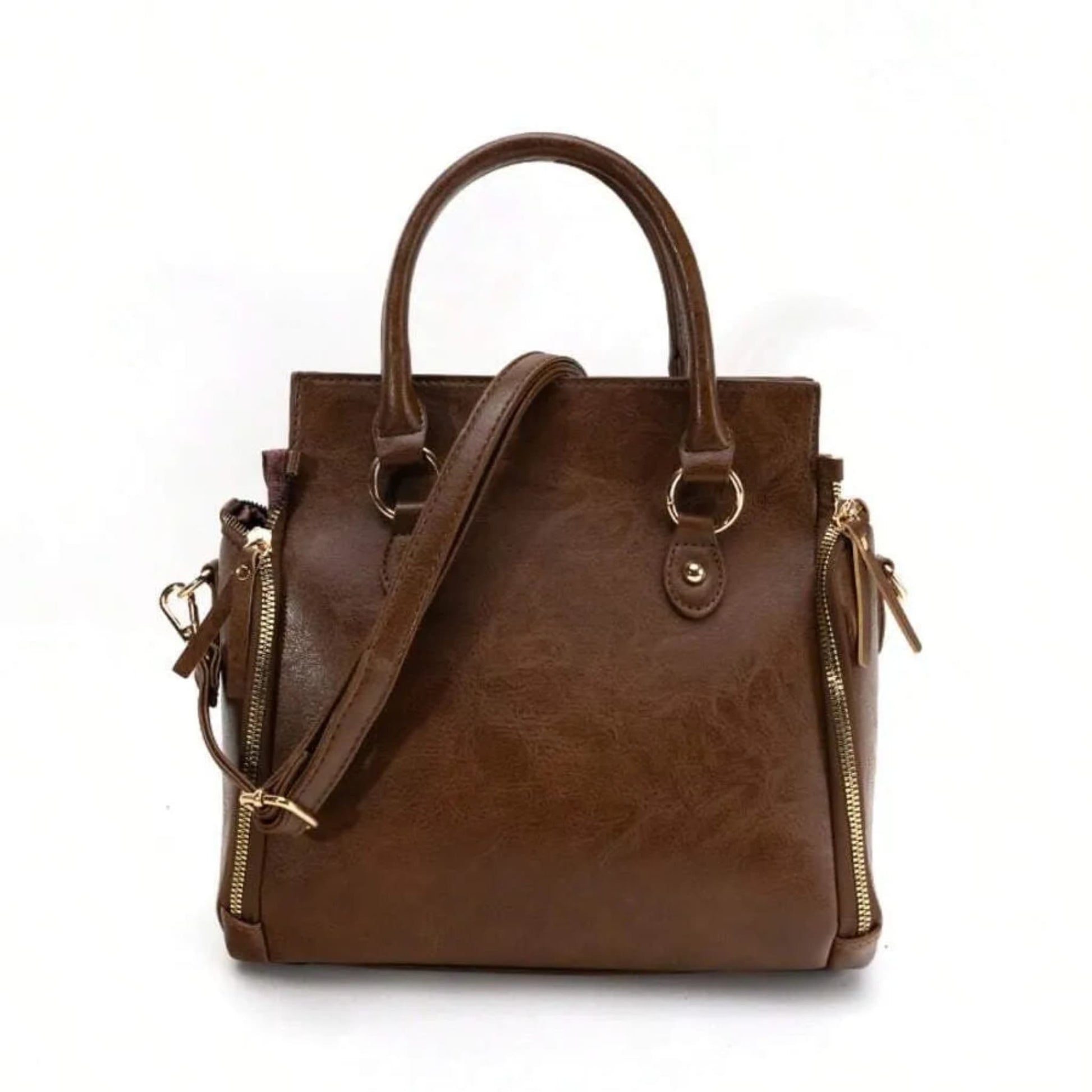 Ladies glossy vintage tote bag in coffee with gold accents, back view on white background | Avenue