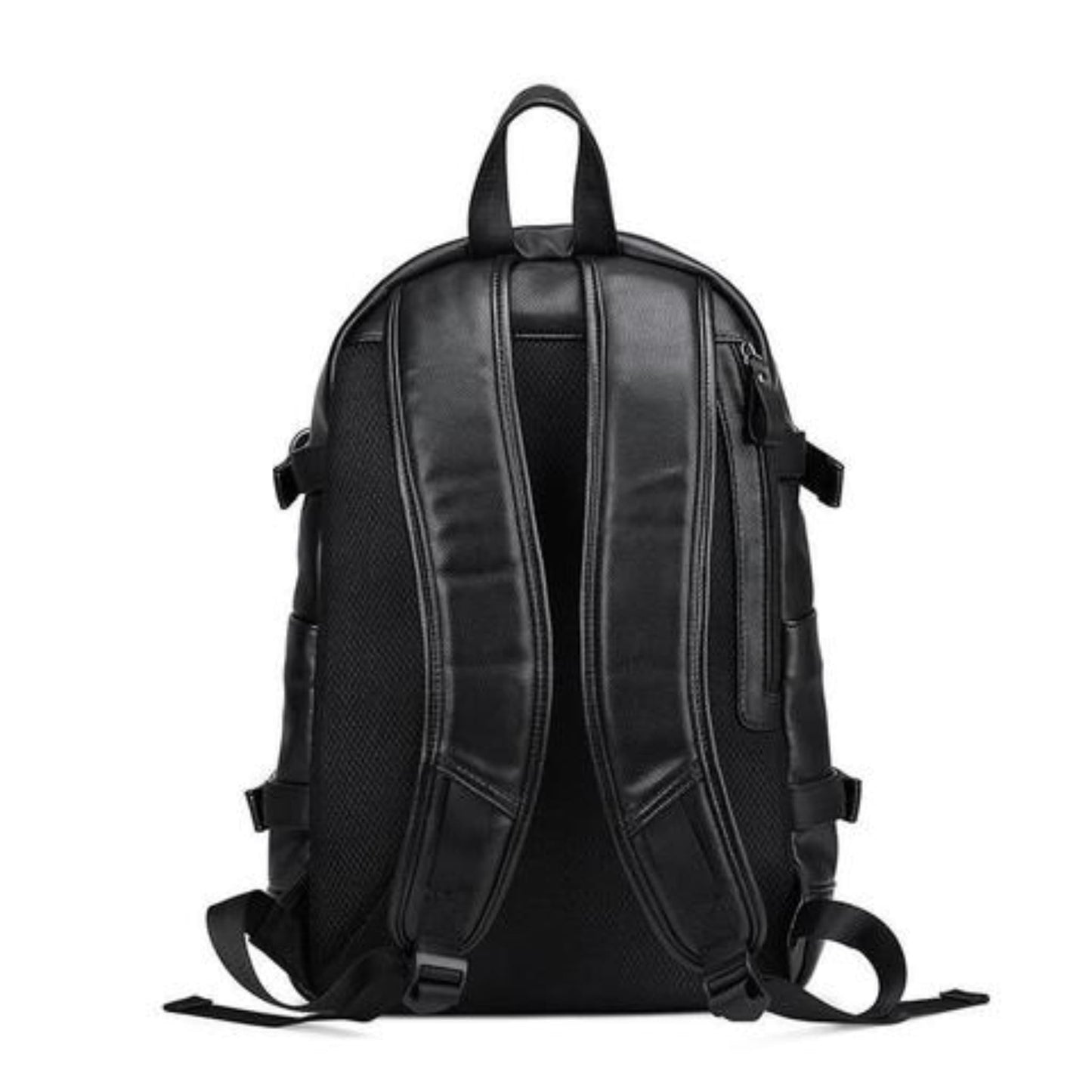 Men's leather backpack with USB charging port in black showing padded shoulder straps with white background – back view | Avenue