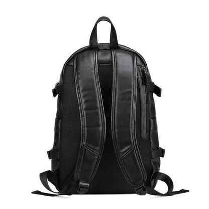 Men's leather backpack with USB charging port in black showing padded shoulder straps with white background – back view | Avenue
