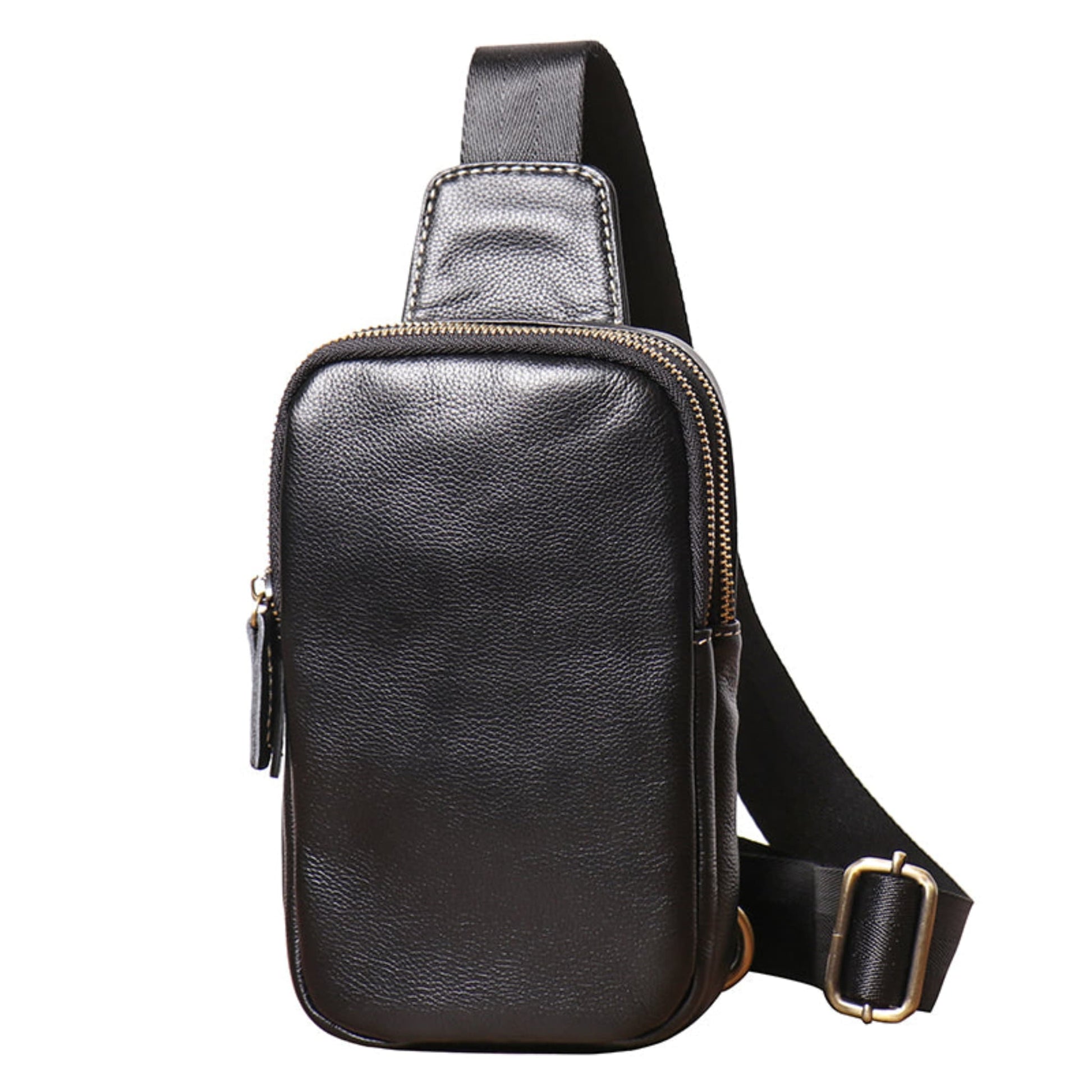 Men's premium leather chest crossbody bag in black with gold zipper and adjustable strap — Avenue