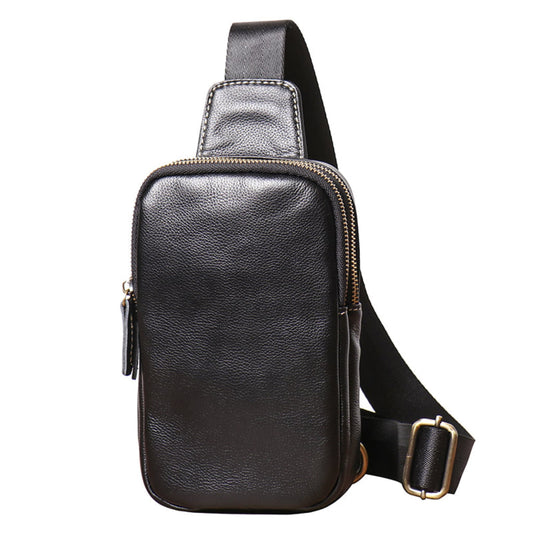 Men's premium leather chest crossbody bag in black with gold zipper and adjustable strap — Avenue