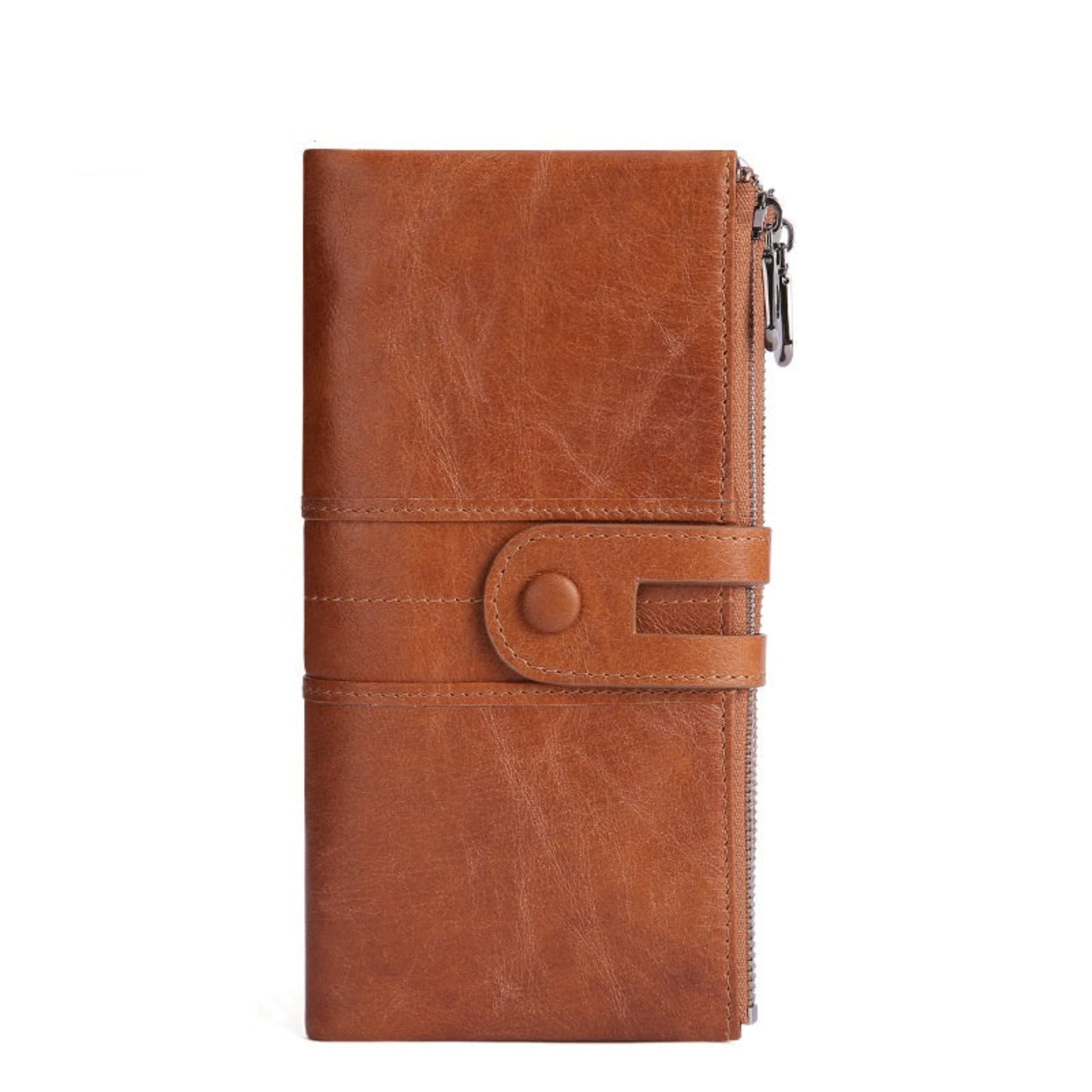 Women's RFID  Long Leather Wallet first layer cowhide in Brown with Fastening Strap and Zipper – Avenue
