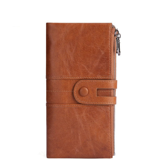 Women's RFID  Long Leather Wallet first layer cowhide in Brown with Fastening Strap and Zipper – Avenue