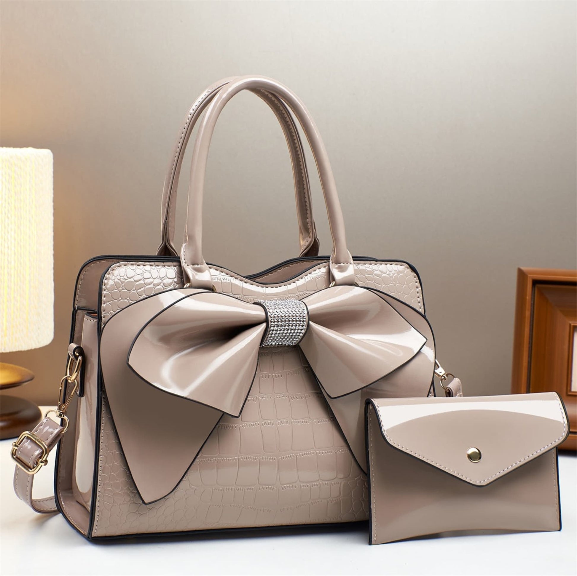 khaki patent leather bow bucket bag and matching wallet | Avenue