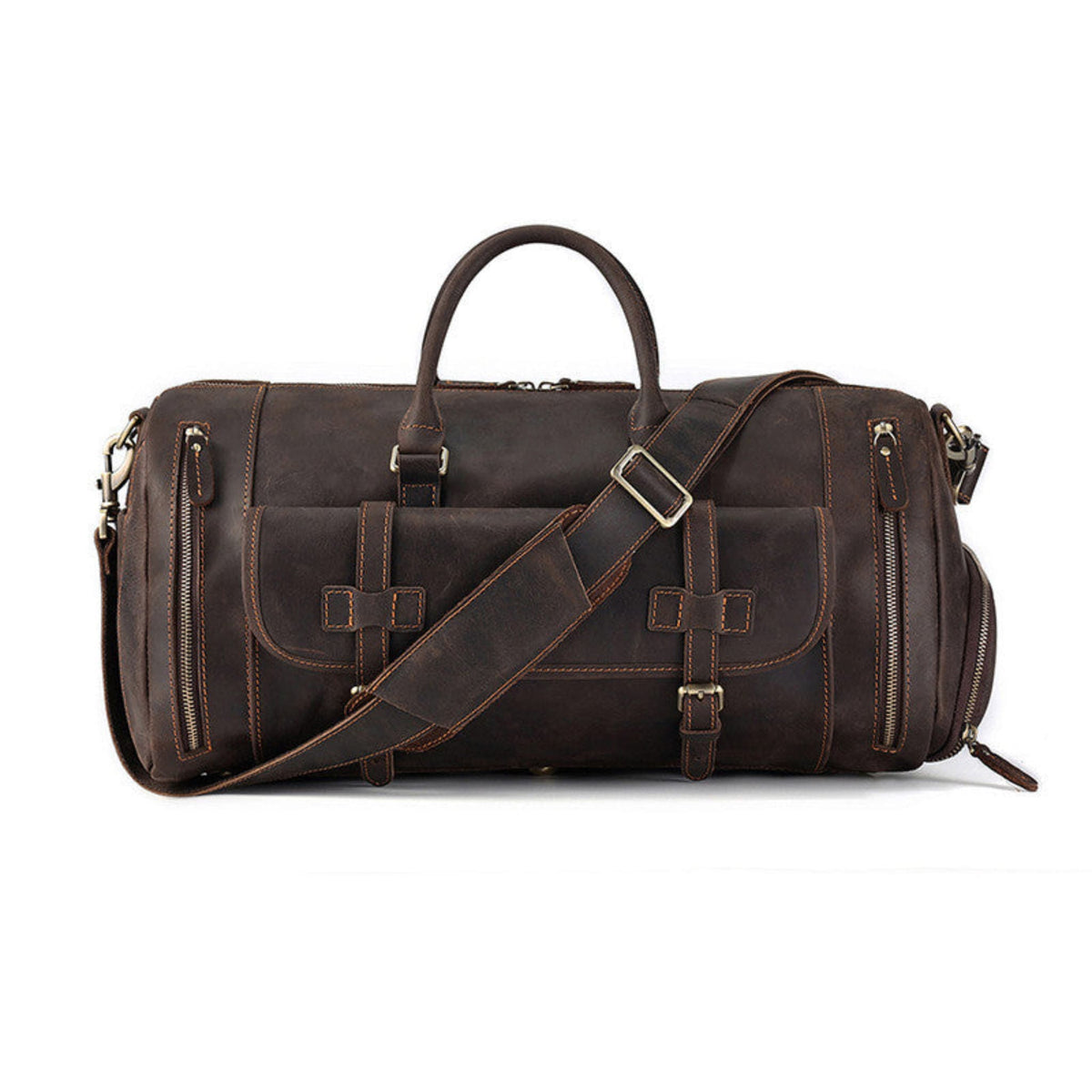 Front view of Avenue’s coffee Top-Grain Cowhide Leather Travel Duffle Bag with twin handles, adjustable shoulder strap, buckle-secured flap pocket, and side zipper pockets on a white background.