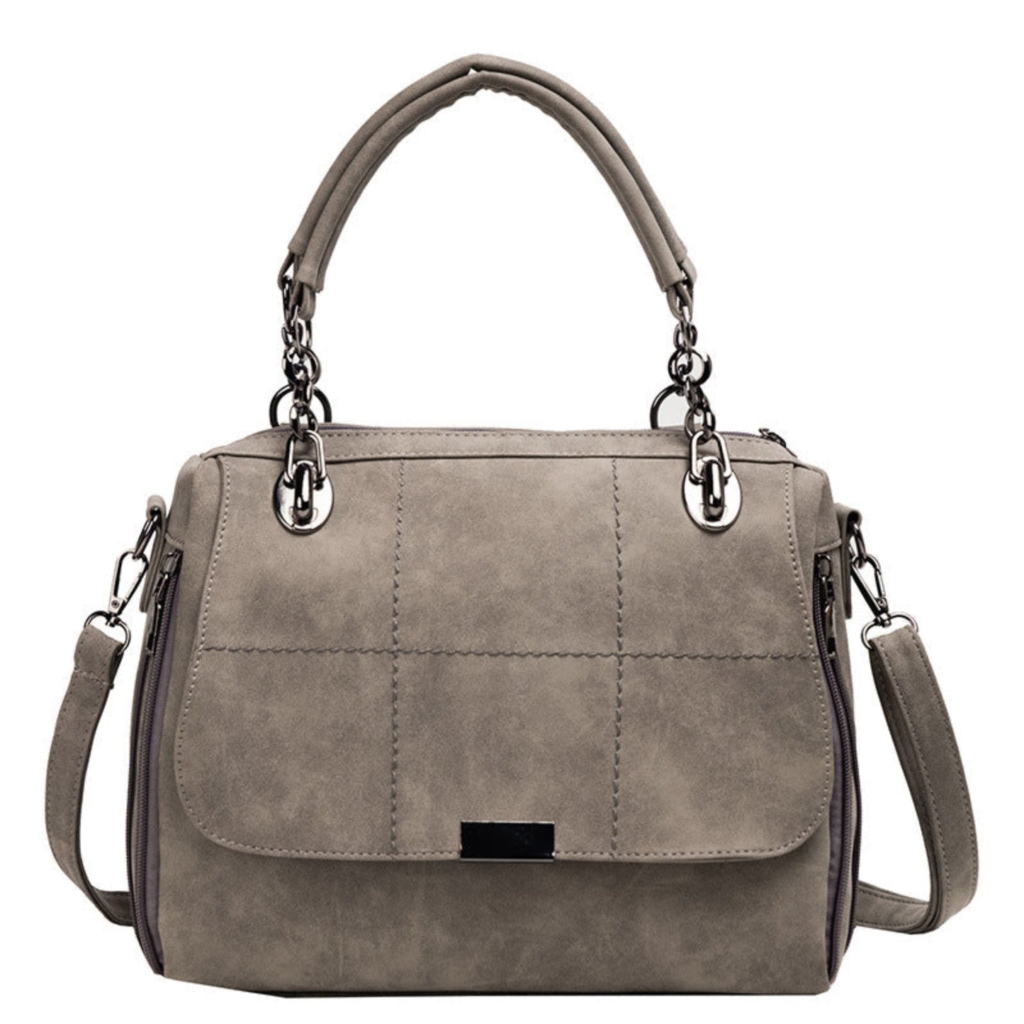 Women's grey matte PU leather large capacity Boston shoulder tote bag with dual top handles, silver chain hardware, quilted stitch detail, front flap closure, and adjustable crossbody strap — Avenue