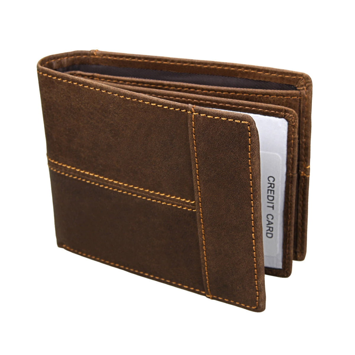 Avenue brown RFID Crazy Horse Leather Short Wallet, shown partially open with a contrast-stitched exterior and visible card slot on a white background.