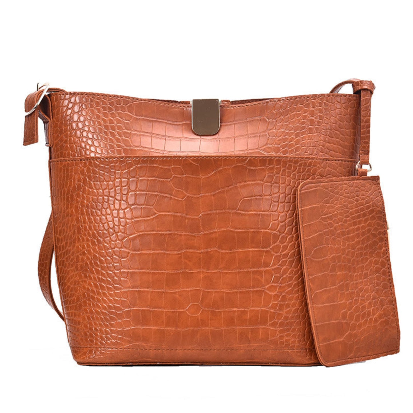 Women's one shoulder bucket bag in brown, croc-embossed PU leather with magnetic snap closure, attached mini pouch and gold hardware, white background | Avenue