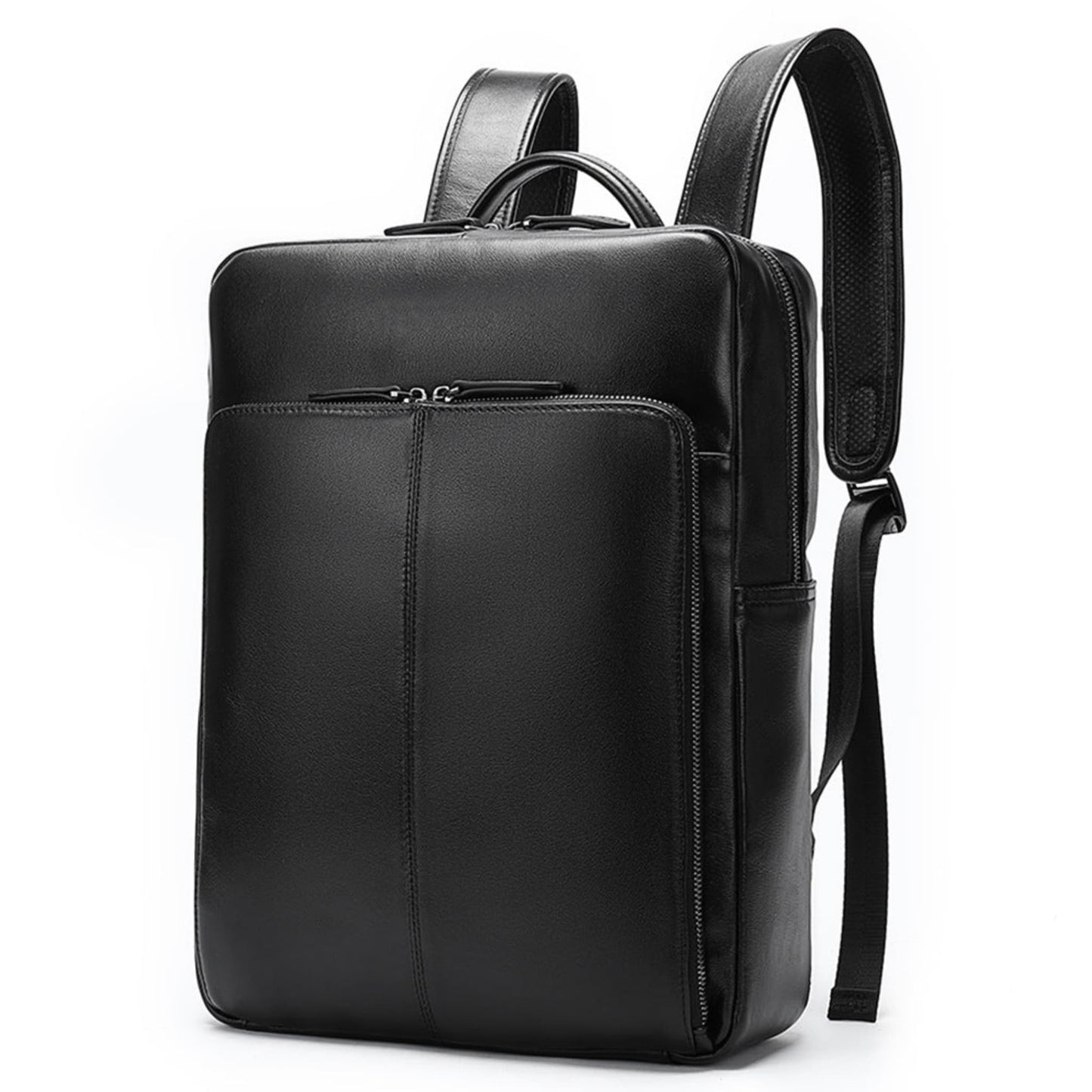 Unisex black casual multi-pocket full-grain leather laptop backpack upgrade style – front view on white background | Avenue