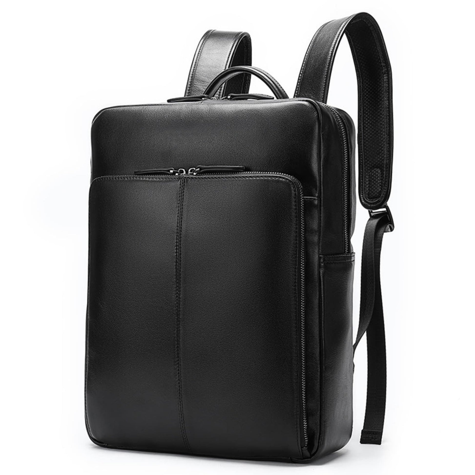 Unisex black casual multi-pocket full-grain leather laptop backpack upgrade style – front view on white background | Avenue