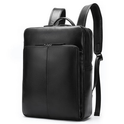 Unisex black casual multi-pocket full-grain leather laptop backpack upgrade style – front view on white background | Avenue