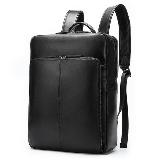 Unisex black casual multi-pocket full-grain leather laptop backpack upgrade style – front view on white background | Avenue