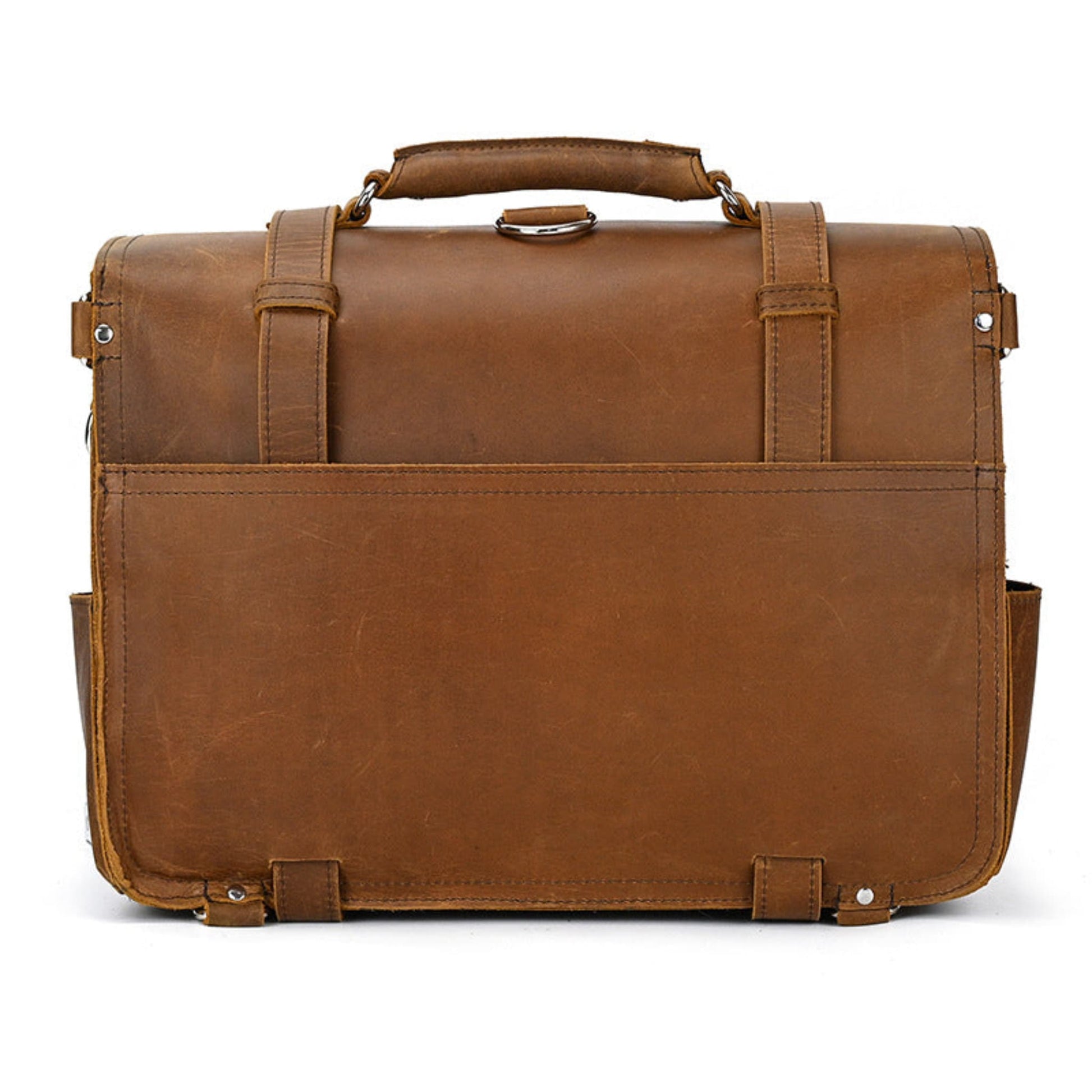 Avenue Men's Retro Crazy Horse Leather Briefcase & Travel Bag – Brown Back View with Exterior Slip Pocket, Side Pockets and Silver Hardware