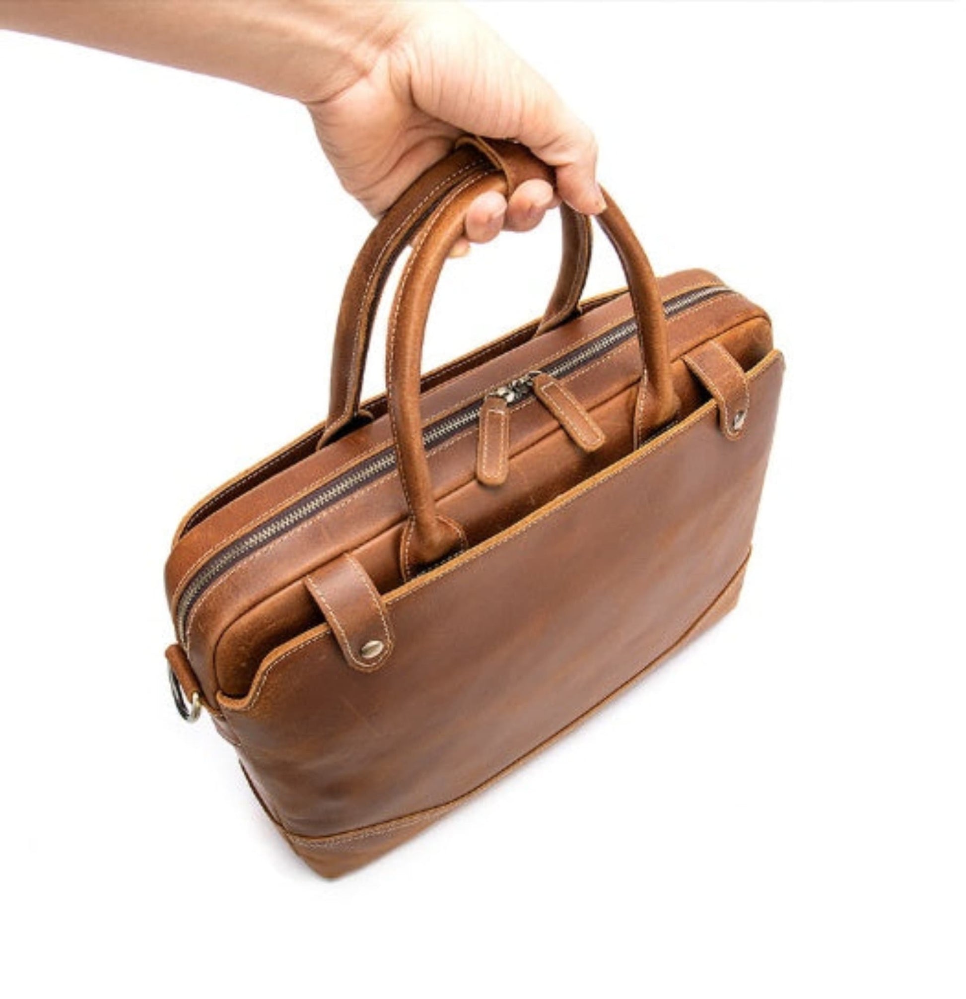 Avenue Crazy Horse Leather Men's Laptop Briefcase — coffee, hand-held top view showing dual zipper compartments, contrast stitching, and leather depth, retro vintage style