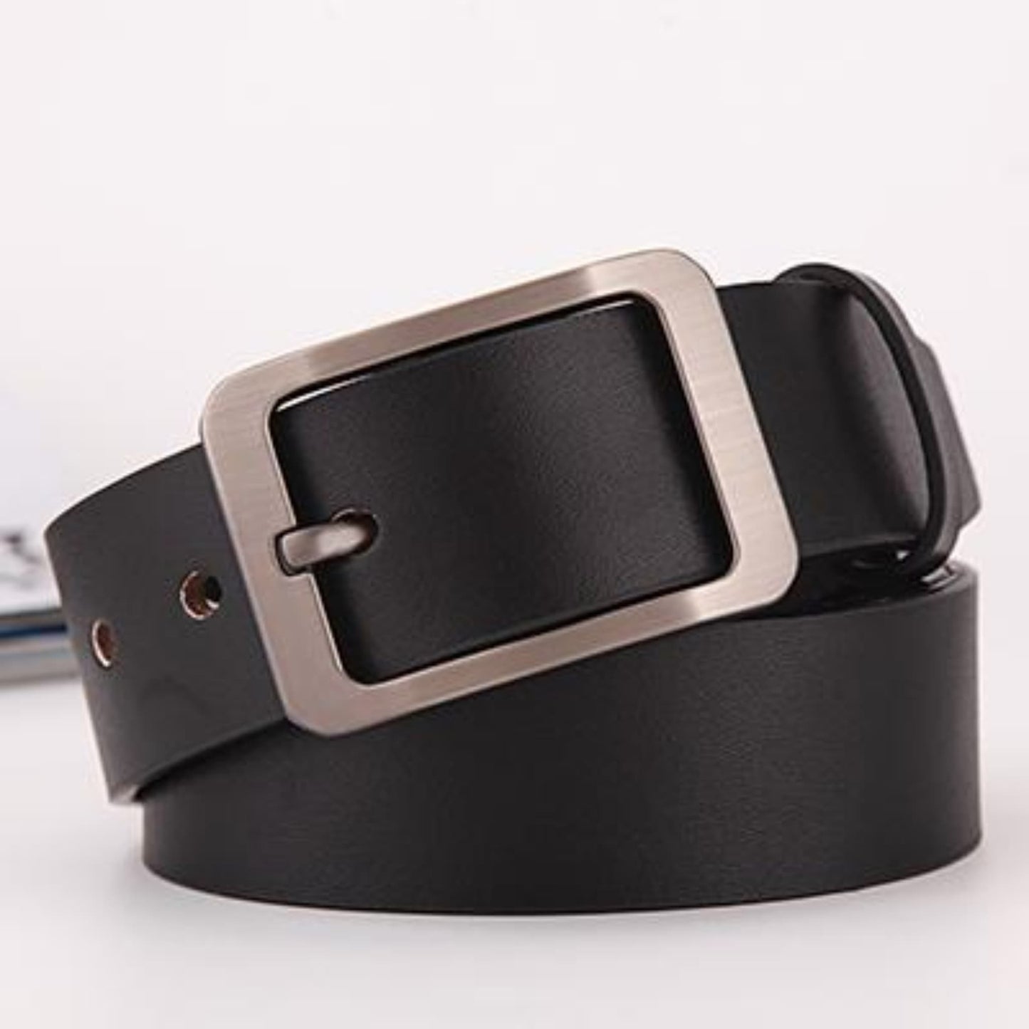 Men's leather belt with silver plain slim pin buckle in black on white background | Avenue
