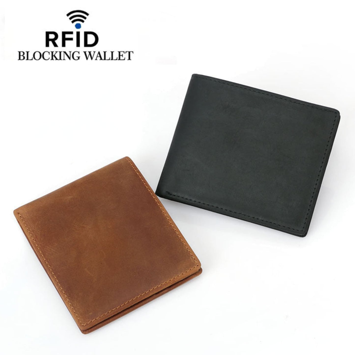 two premium Men's crazy horse leather wallet RFID protected one brown and one black on a white background | Avenue
