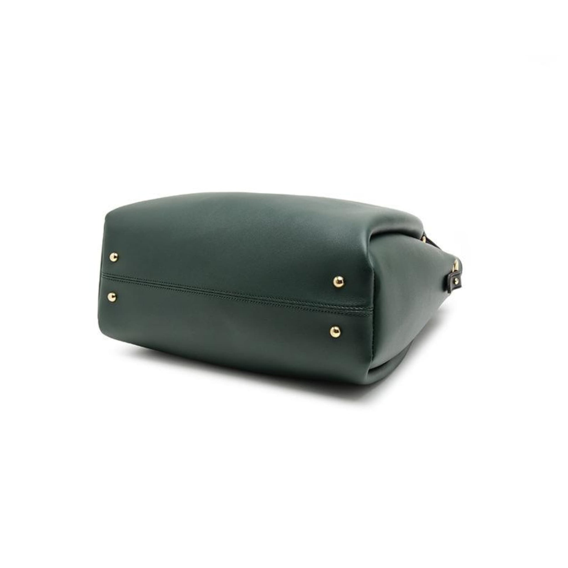 Avenue Tassel Bucket Bag for Women in Green – Bottom View Showing Gold Metal Studs and Structured PU Leather Base