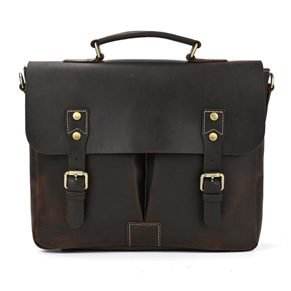 Men's Crazy Horse Leather Crossbody Bag – Top Layer Cowhide Messenger Bag in Dark Brown, front view on white background showing top handle, dual buckle pockets, brass hardware and strap attachment hooks | Avenue