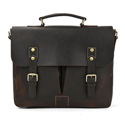 Men's Crazy Horse Leather Crossbody Bag – Top Layer Cowhide Messenger Bag in Dark Brown, front view on white background showing top handle, dual buckle pockets, brass hardware and strap attachment hooks | Avenue