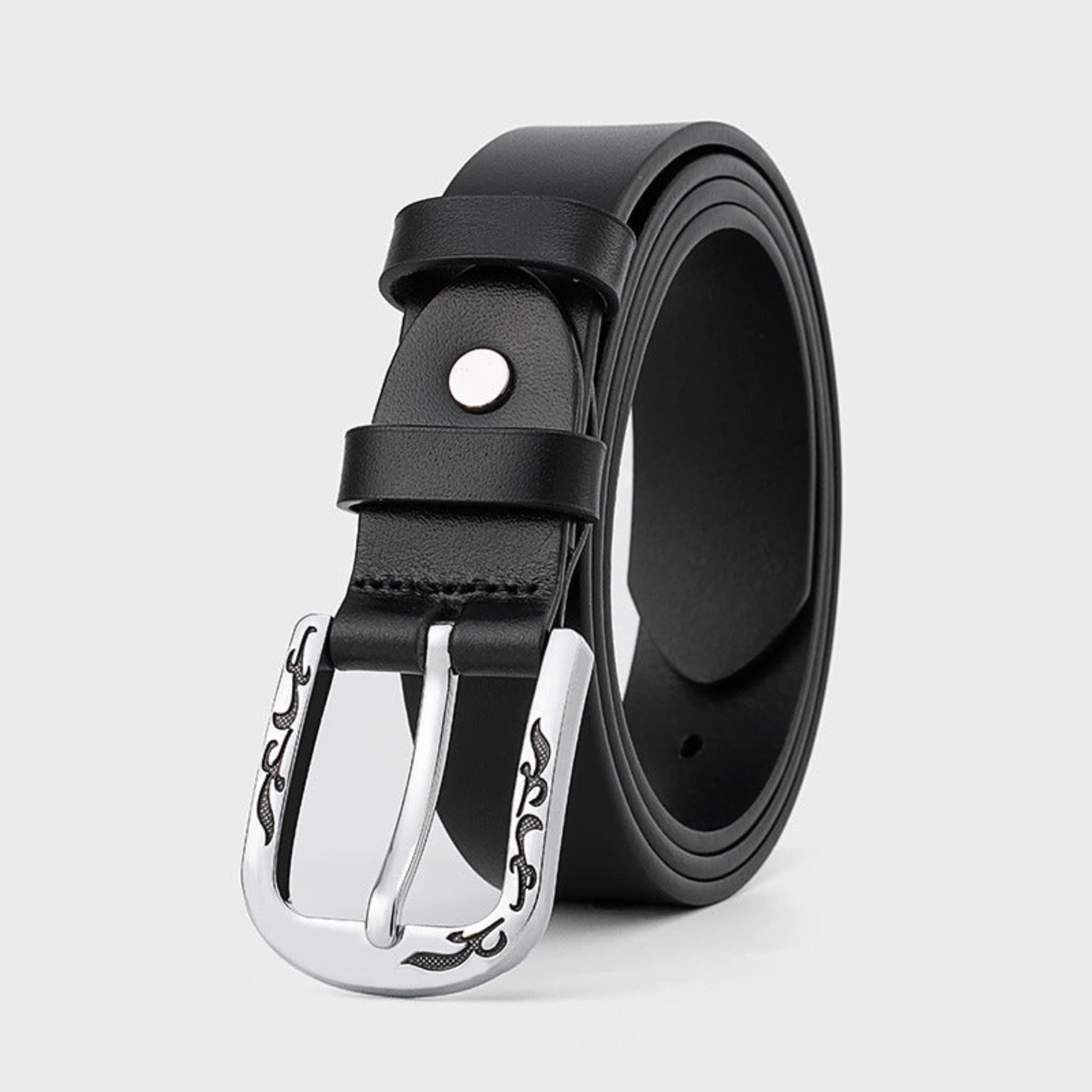 Women's Slim Black Leather Belt with Engraved Floral Silver D-Buckle – Avenue