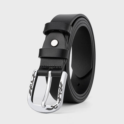 Women's Slim Black Leather Belt with Engraved Floral Silver D-Buckle – Avenue