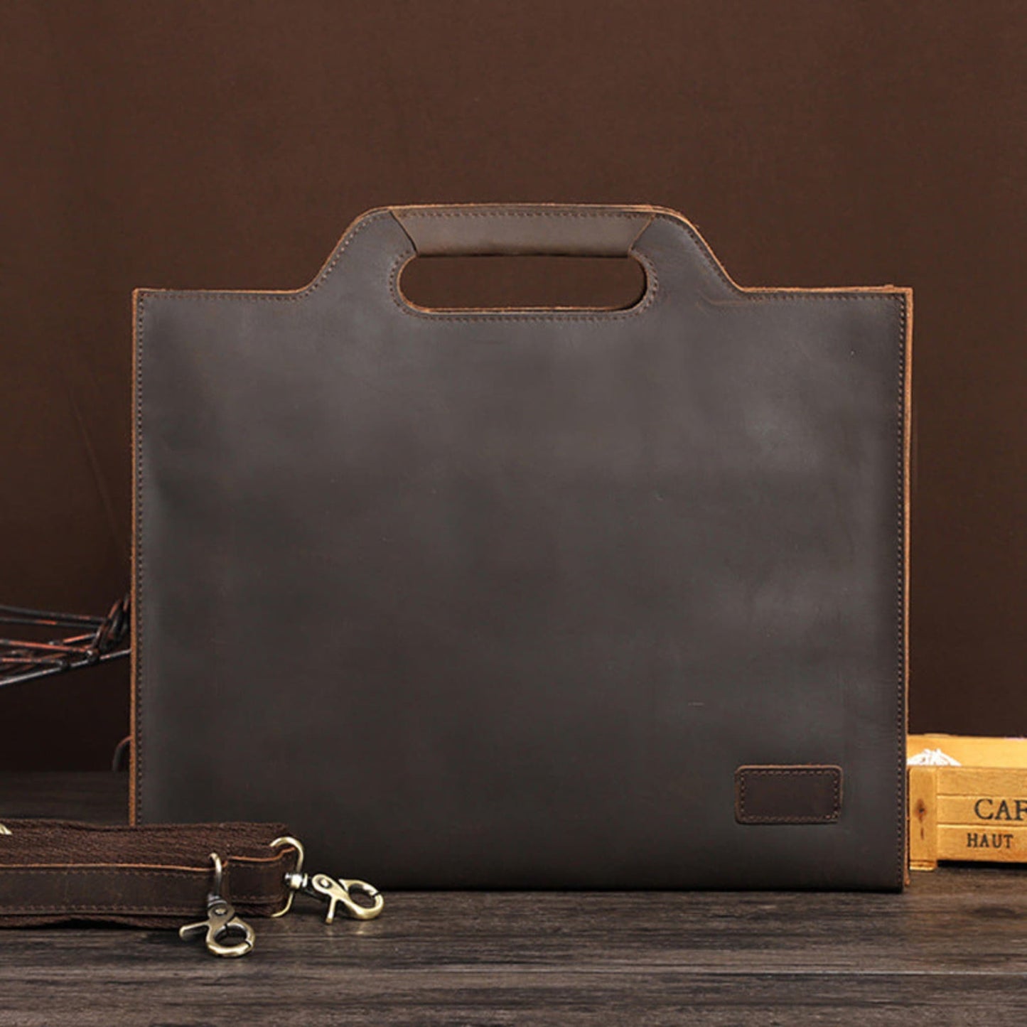Avenue Men's Crazy Horse Leather Briefcase Coffee 6003 — Front View with Cutout Handle, Leather Badge and Detachable Shoulder Strap