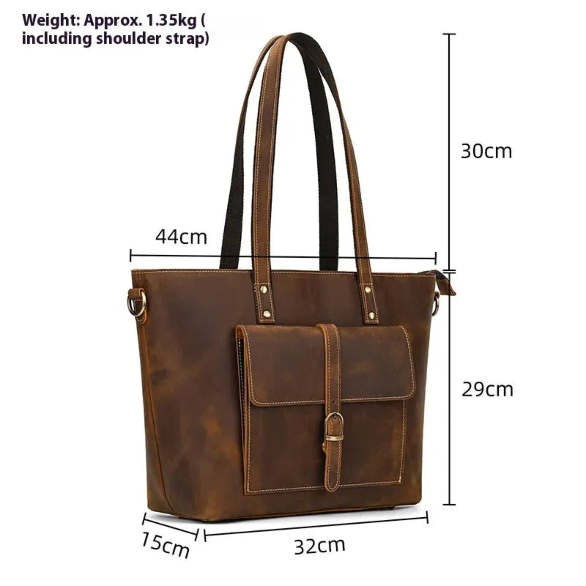 Avenue Crazy Horse genuine Leather Tote Bag 1096 Brown – dimensions view, 44×29×15cm, 30cm handle drop