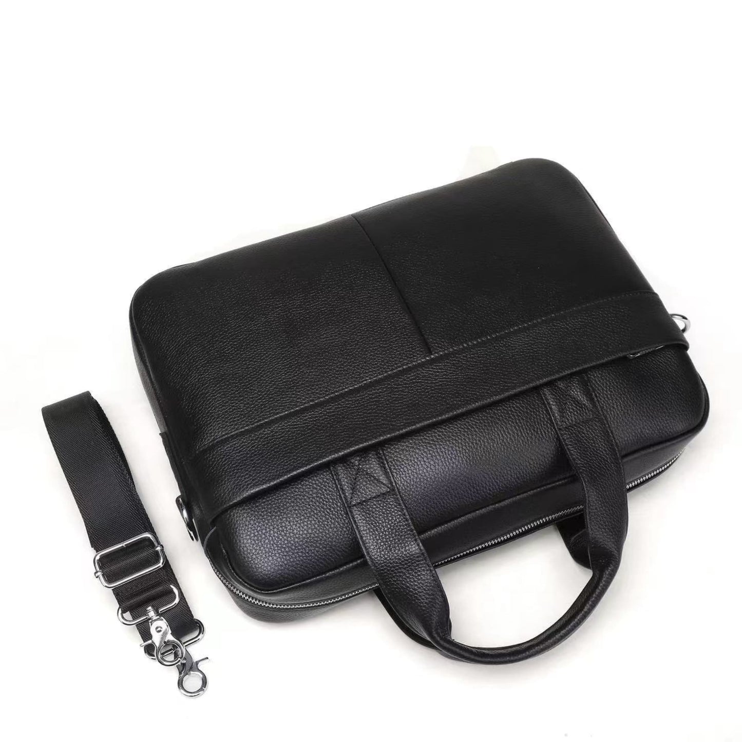 Men's Genuine Leather Crossbody Bag in Black – Top View Showing Zipper Closure, Top Handles and Detachable Shoulder Strap | Avenue