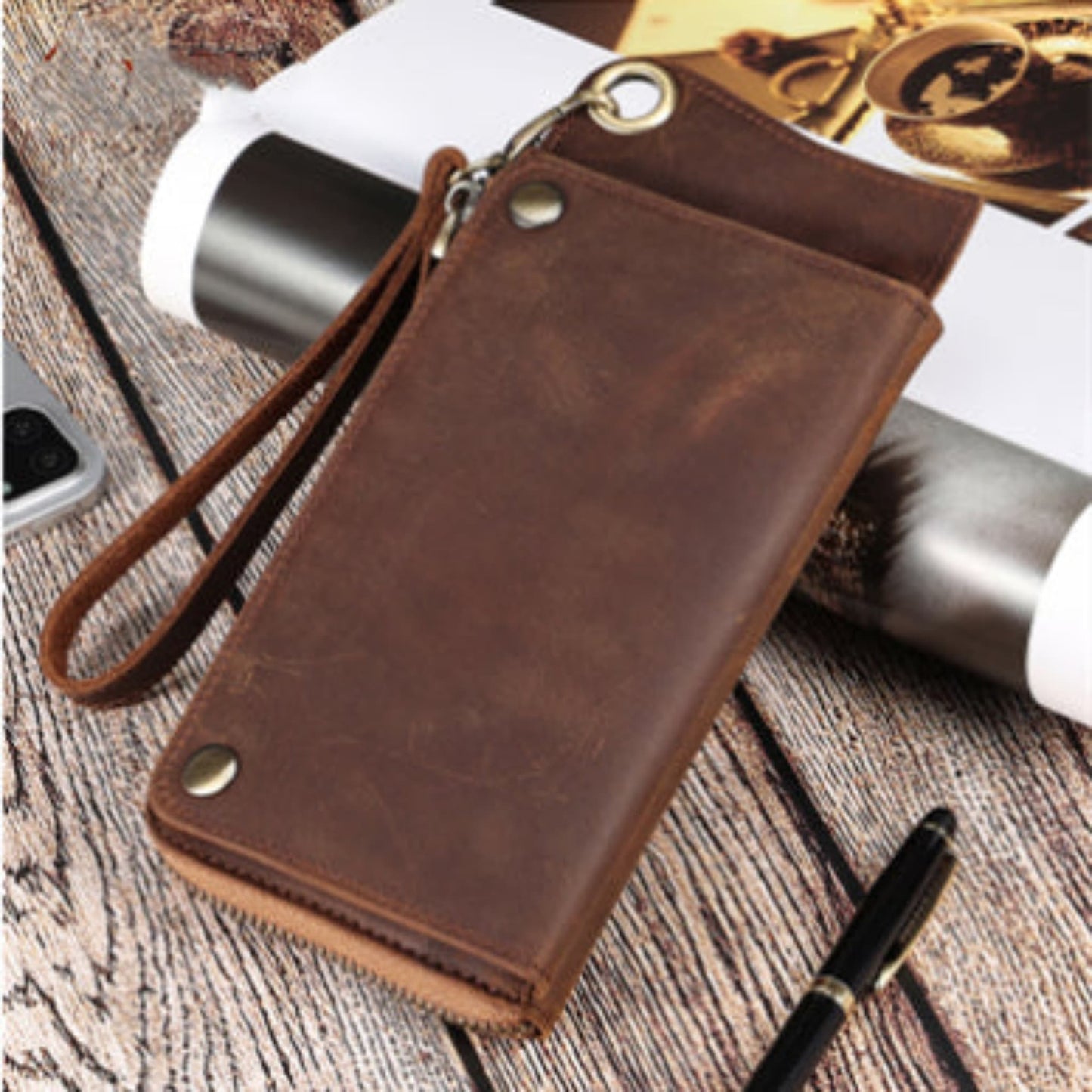 Men's RFID 2056 brown horse skin crazy horse leather retro bifold wristlet wallet – wooden surface | Avenue