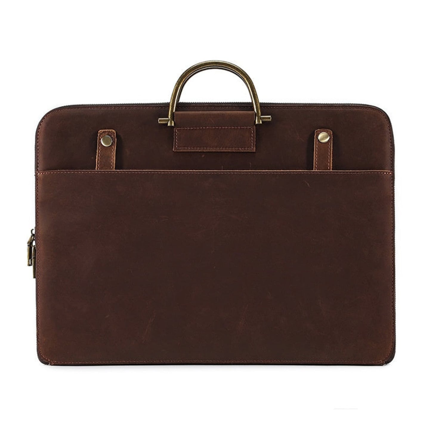 Avenue Crazy Horse Genuine Leather Briefcase for Men – Front view in 2121 Brown, featuring antique brass top handle, brass stud detailing, front slip pocket, and zipper closure on white background