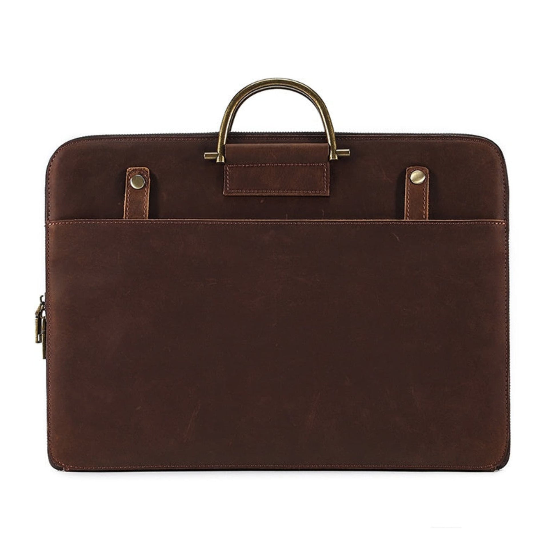 Avenue Crazy Horse Genuine Leather Briefcase for Men – Front view in 2121 Brown, featuring antique brass top handle, brass stud detailing, front slip pocket, and zipper closure on white background