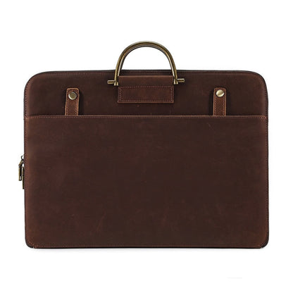 Avenue Crazy Horse Genuine Leather Briefcase for Men – Front view in 2121 Brown, featuring antique brass top handle, brass stud detailing, front slip pocket, and zipper closure on white background
