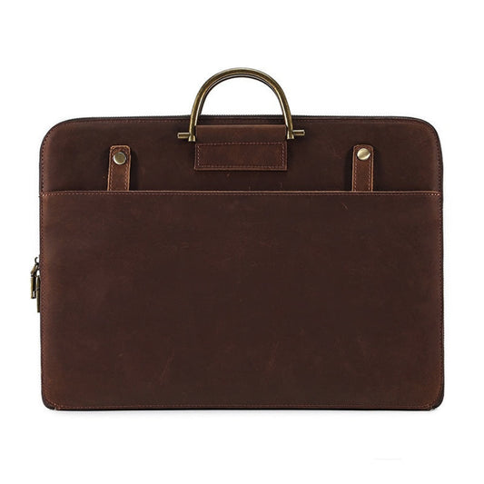 Avenue Crazy Horse Genuine Leather Briefcase for Men – Front view in 2121 Brown, featuring antique brass top handle, brass stud detailing, front slip pocket, and zipper closure on white background