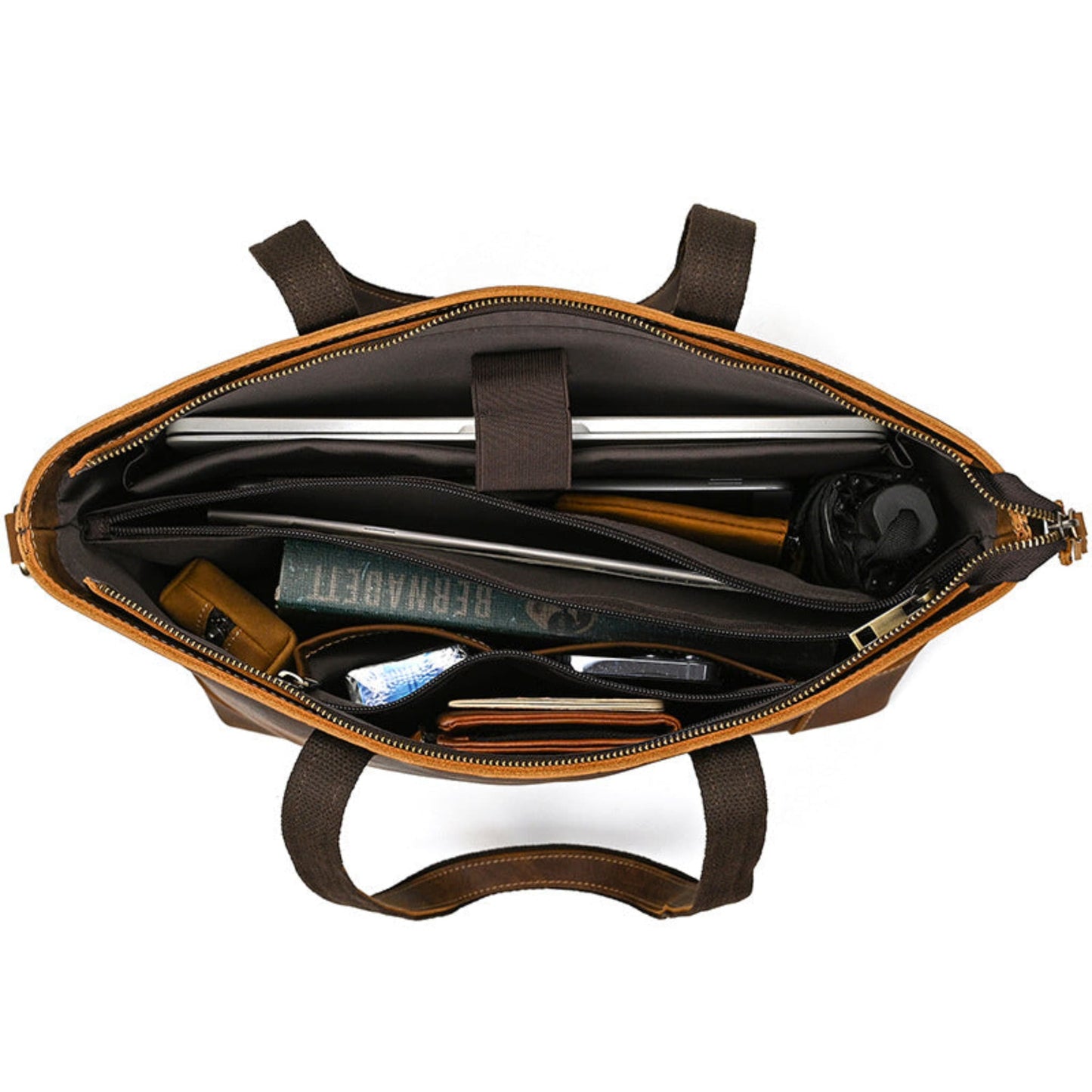 Avenue Crazy Horse Genuine Leather Tote Bag – Brown, top view open, laptop visible, inner zip pocket, multiple organizer slots, wallet, keys, umbrella