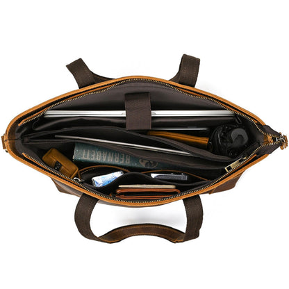 Avenue Crazy Horse Genuine Leather Tote Bag – Brown, top view open, laptop visible, inner zip pocket, multiple organizer slots, wallet, keys, umbrella