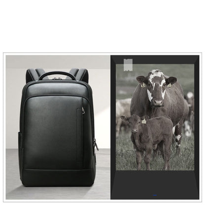 Men's full grain black cowhide leather laptop backpack — material origin detail | Avenue