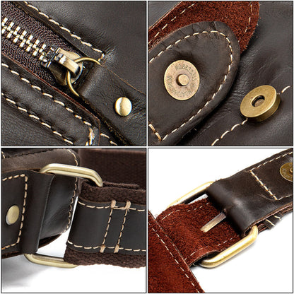 Avenue Men's Genuine Leather Crossbody Bag — Cowhide Shoulder Bag detail view showing brass zipper, magnetic snap closure, adjustable buckles, and contrast hand stitching
