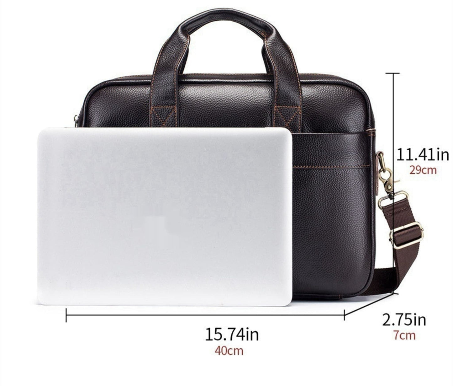 Men's Genuine Leather Crossbody Bag in Brown – Size Reference with Laptop Showing Dimensions 40cm x 29cm x 7cm | Avenue