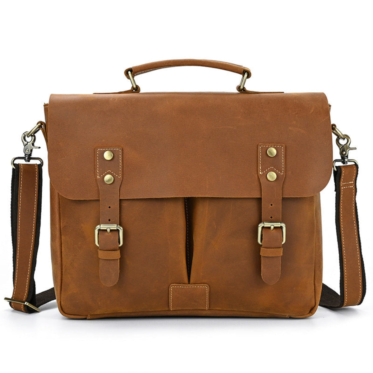 Men's Crazy Horse Leather Crossbody Bag – Top Layer Cowhide Messenger Bag in Brown, front view on white background showing top handle, dual buckle pockets, adjustable shoulder strap and brass hardware | Avenue
