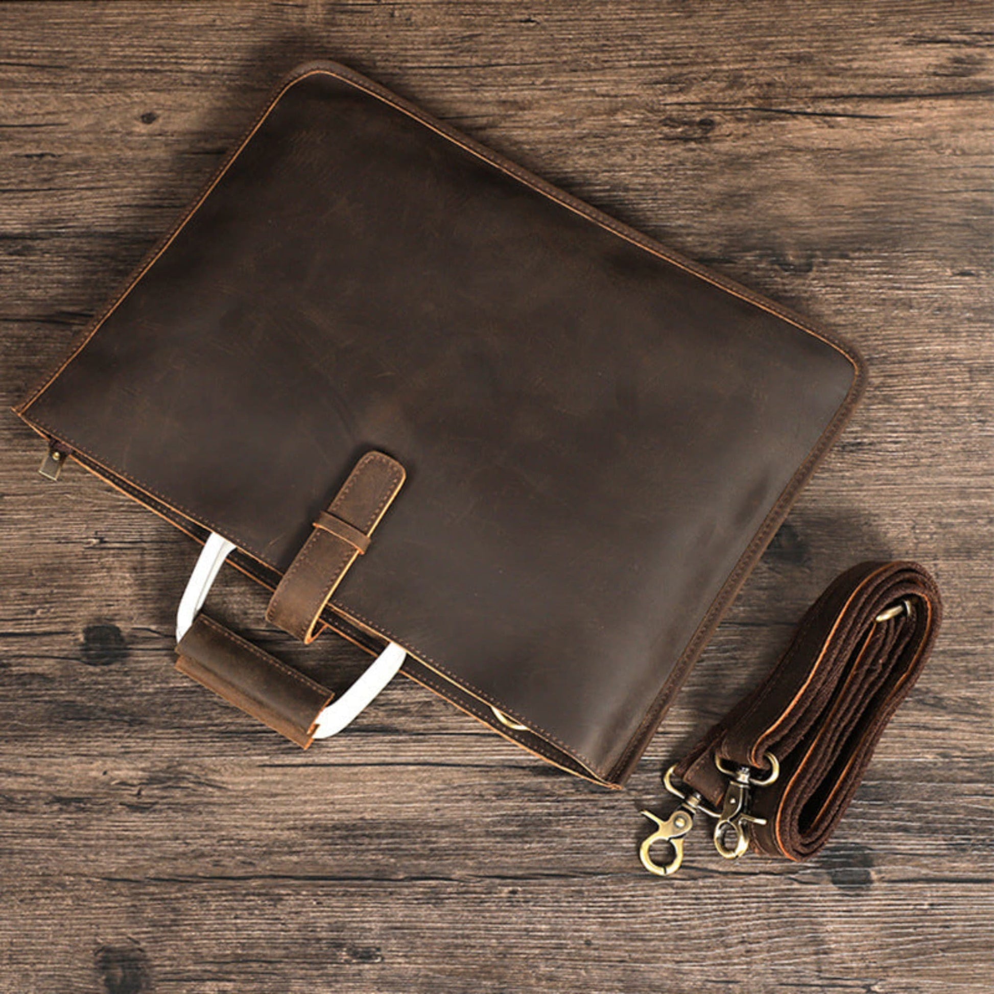 Avenue Men's Crazy Horse Leather Briefcase Coffee 6004 — Top Angle View on Wooden Surface with Detachable Shoulder Strap