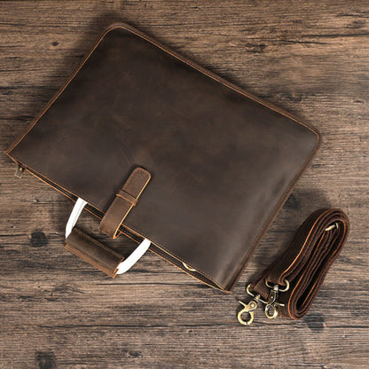 Avenue Men's Crazy Horse Leather Briefcase Coffee 6004 — Top Angle View on Wooden Surface with Detachable Shoulder Strap