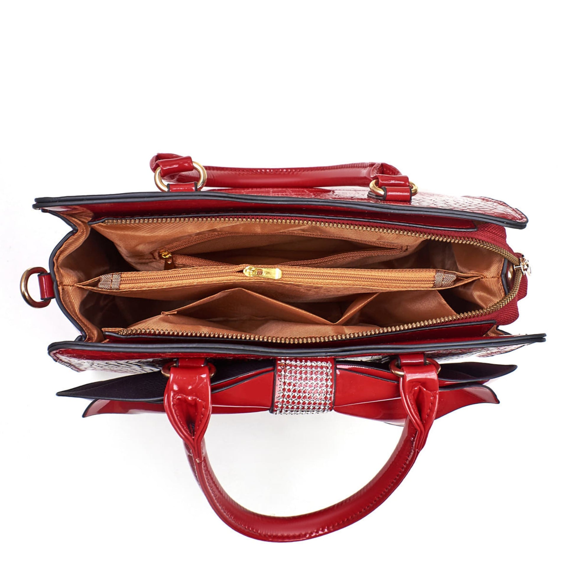 red patent leather bow bucket bag and matching wallet  open interior view | Avenue