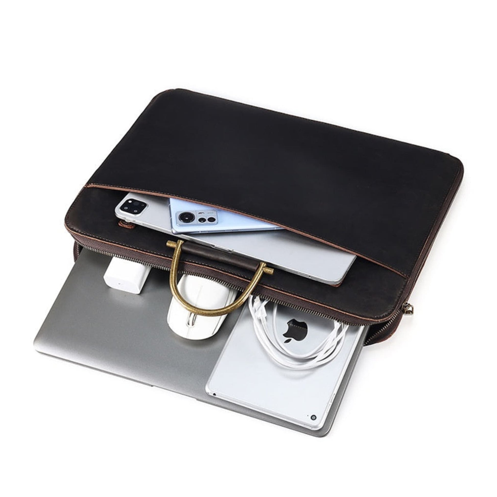 Avenue Crazy Horse Genuine Leather Briefcase for Men – Open view in 2121 Coffee showing spacious interior capacity with laptop, iPad, smartphone, charger, earphones, and cables, featuring antique brass top handle and zipper closure on white background
