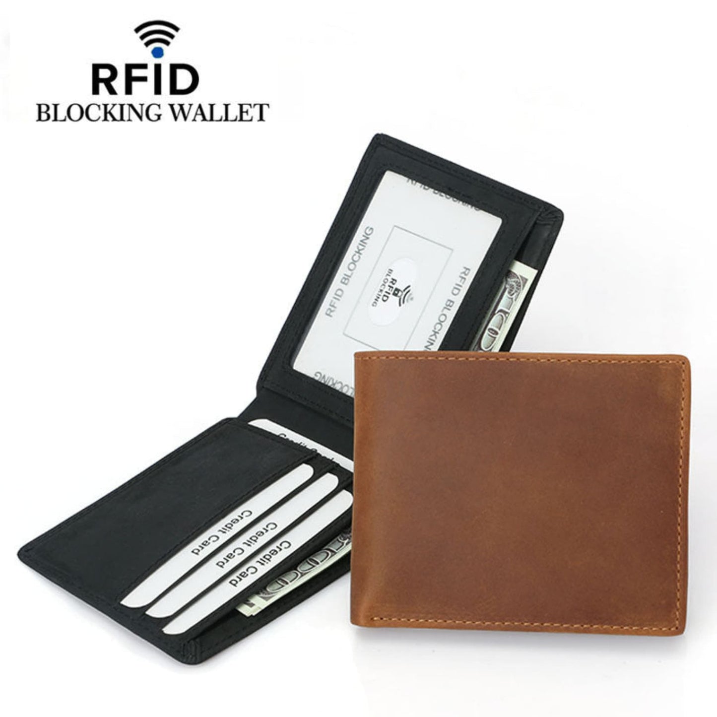 two premium Men's crazy horse leather wallets RFID protected black open showing interior card slots, photo holder and money compartment and brown closed colour comparison | Avenue