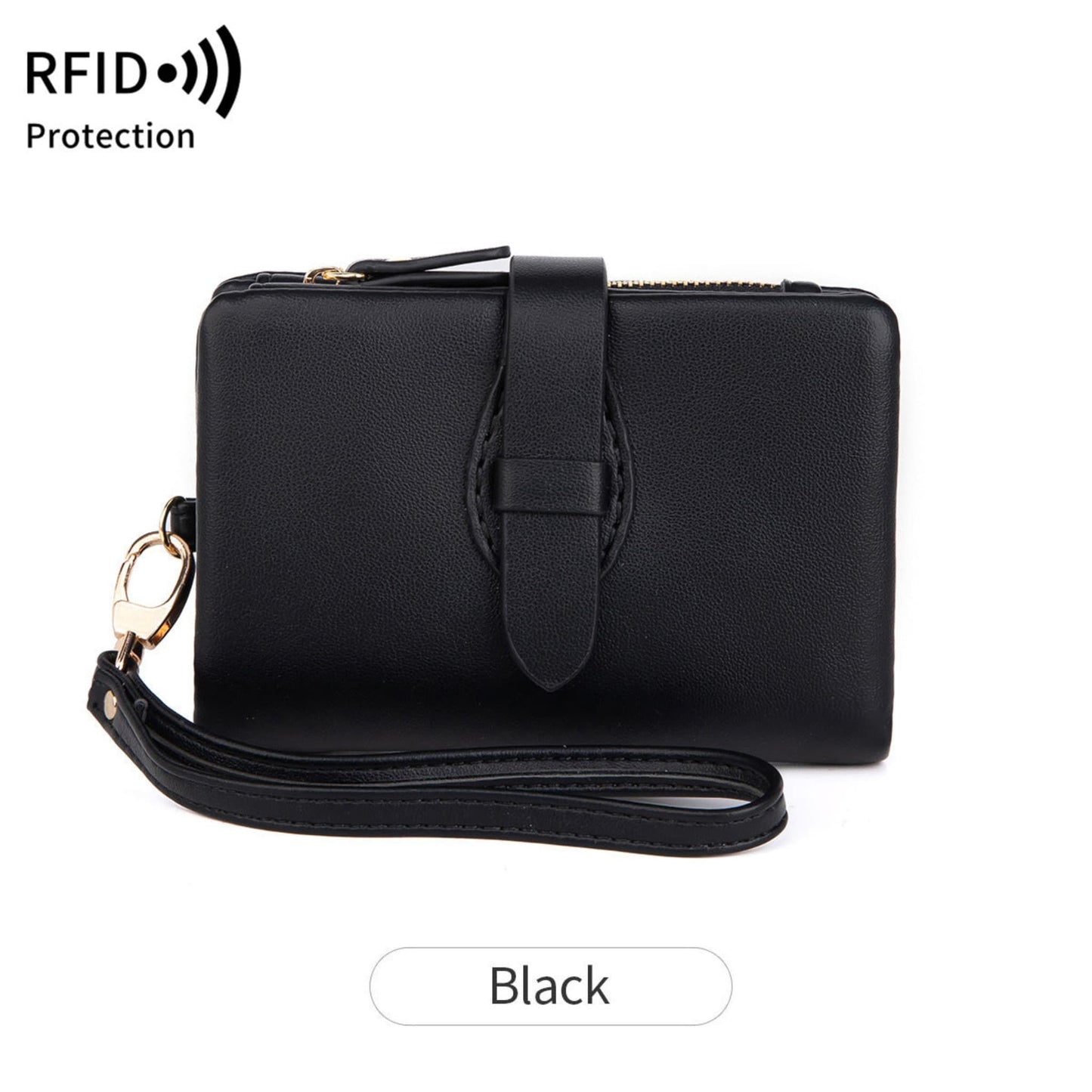 Women's black RFID PU leather wallet with wrist strap – Avenue