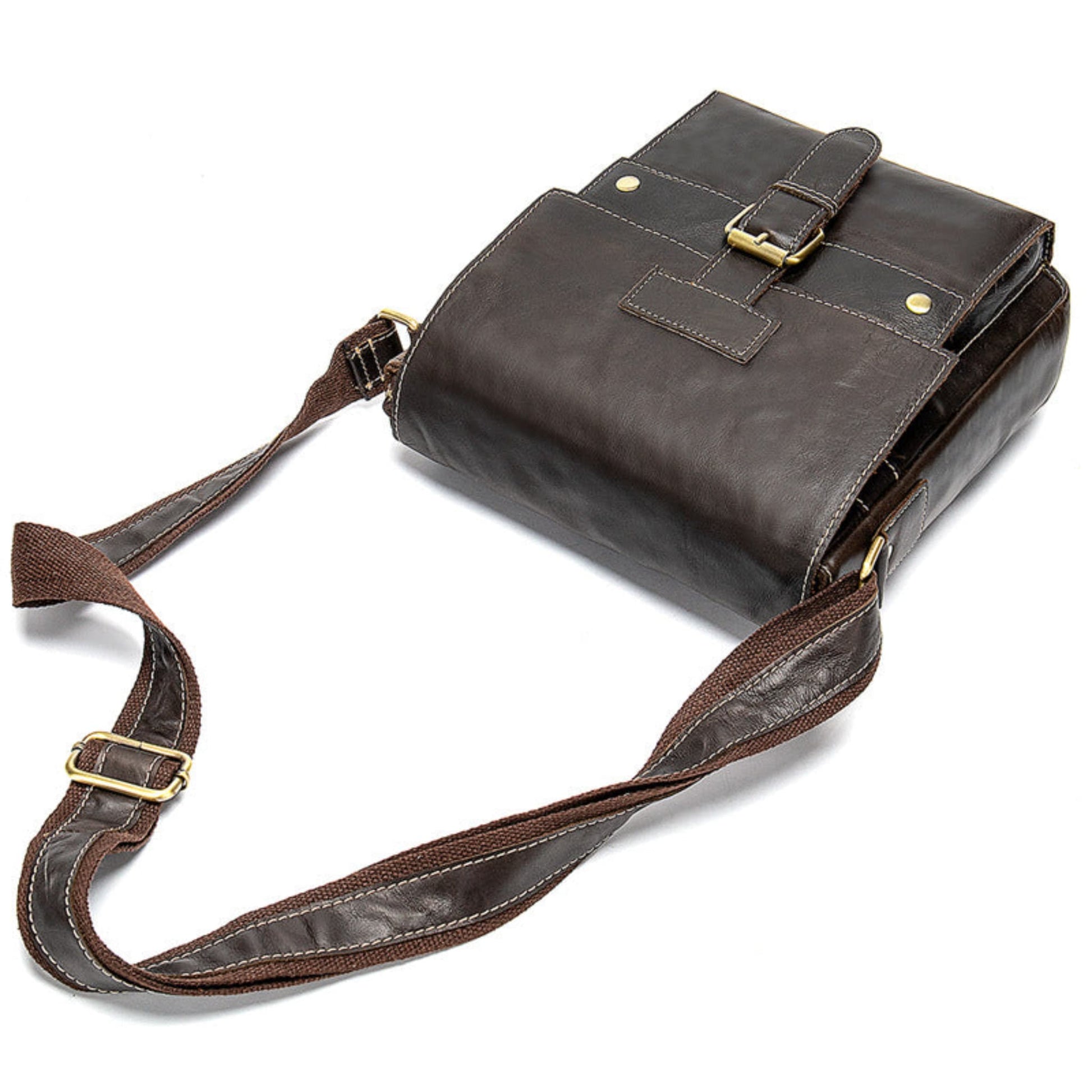 Avenue Men's Genuine Leather Crossbody Bag — Cowhide Shoulder Bag in coffee, top view showing full adjustable single strap with brass hardware