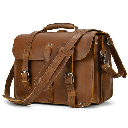 Avenue Men's Retro Crazy Horse Leather Briefcase & Travel Bag – Brown Side Angle View with Shoulder Strap and Silver Hardware