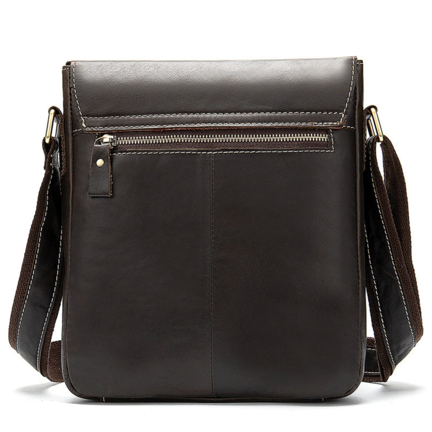 Avenue Men's Genuine Leather Crossbody Bag — Cowhide Shoulder Bag in coffee, rear view showing exterior zip pocket and contrast stitching